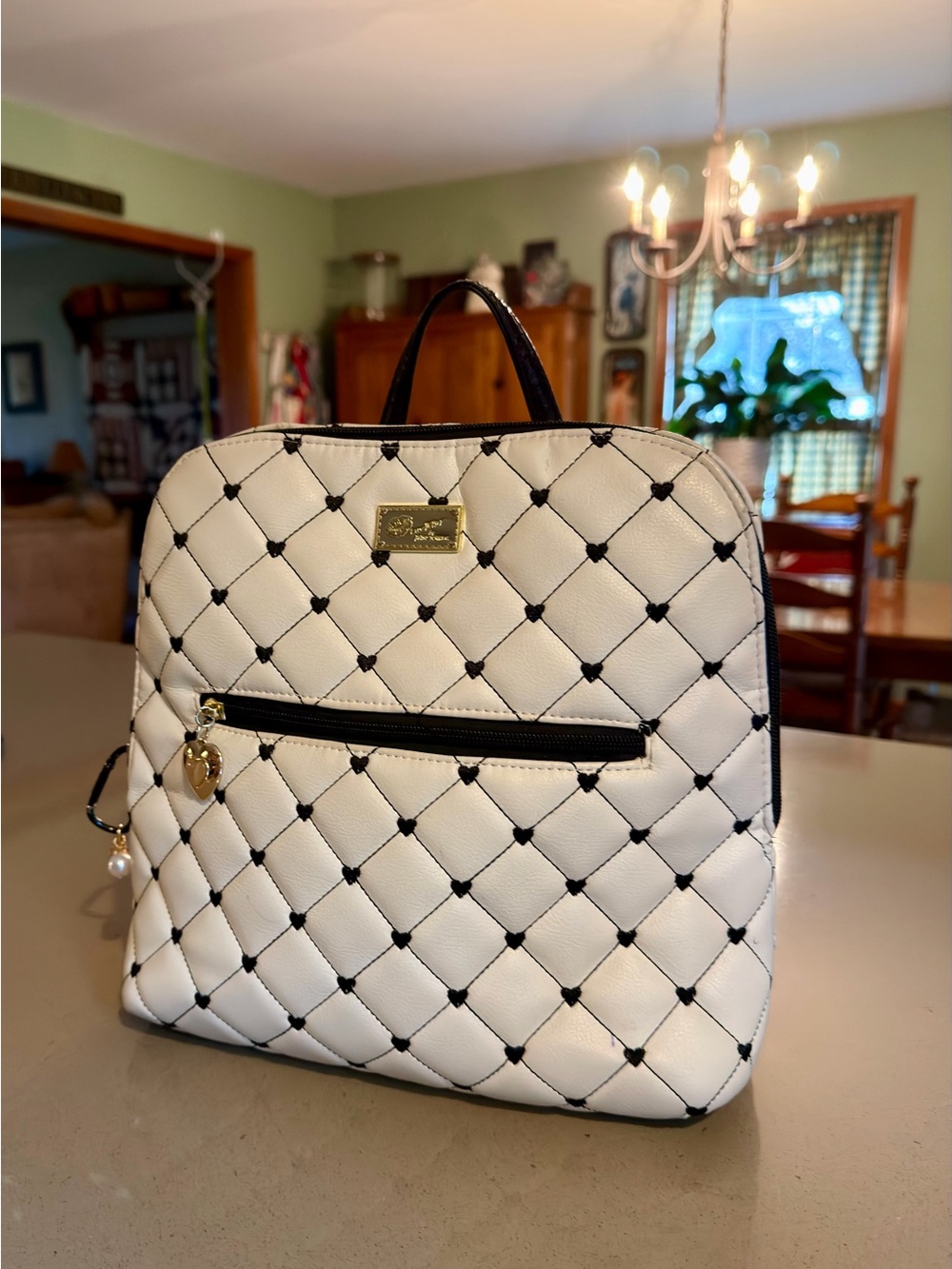 Betsey Johnson White Quilted Backpack with Black Trim
